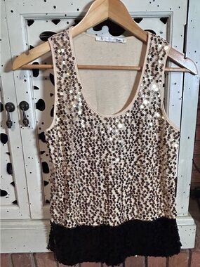 Sequin Scoop Neck Tank Top - Champagne/Black
